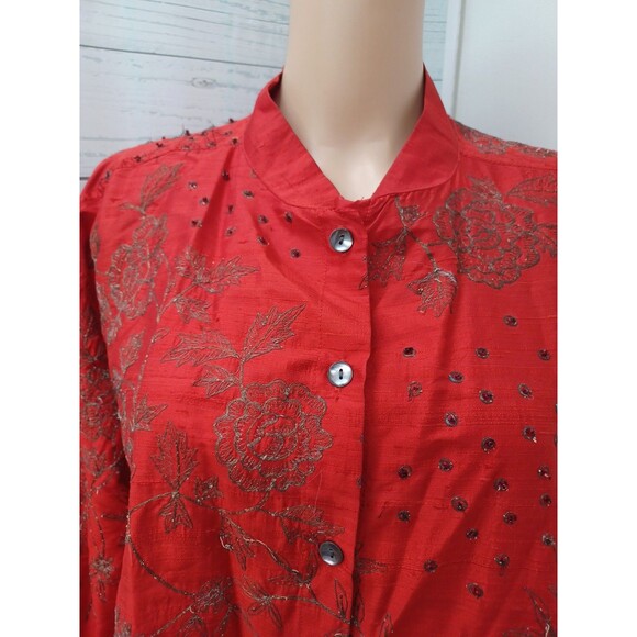 Chicos design floral button front top red long sleeve embroidery Sz 3 - XL/16 - Picture 2 of 9